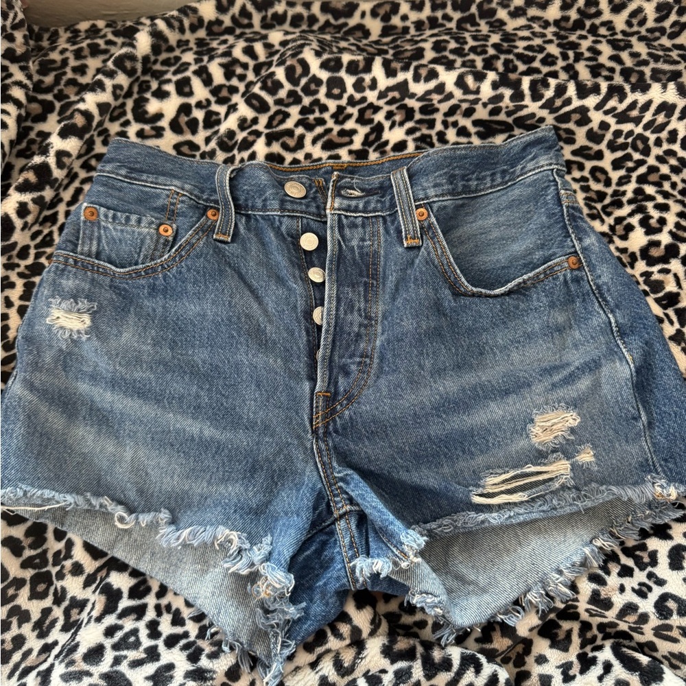 Levi's Blue Distressed Jean Shorts with Raw Hem